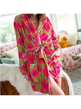 NATURAL LIFE Robe Size L Boho Floral Bohemian Cozy Soft Fuzzy Fleece